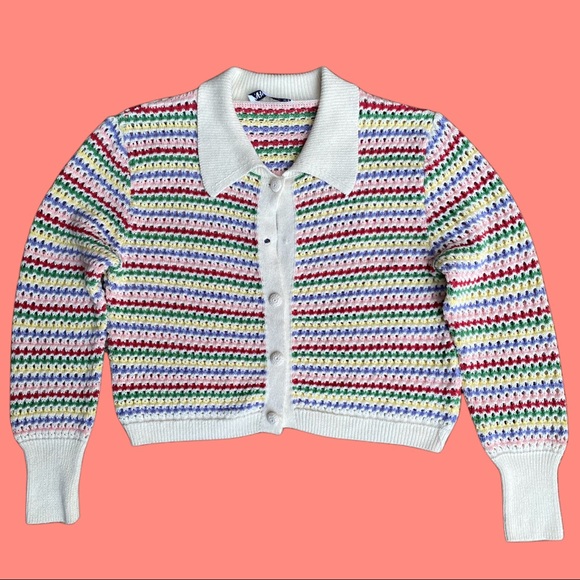 Zara Women’s Striped Knit Cardigan Jacket Multicolor Button Front Collar - Picture 3 of 3